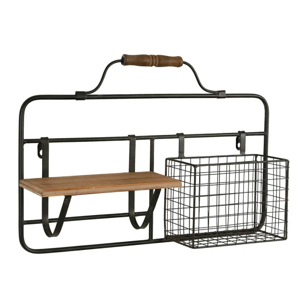 mode Comptoir De Famille Etagere Murale Avec Panier Reserve Noir 48x33x11cm En Fer Noir Et Sapin 3